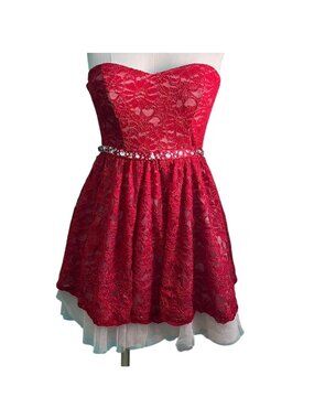 B Darlin Strapless Red Lace Dress Juniors 7/8 Rhinestone Waist Party Homecoming